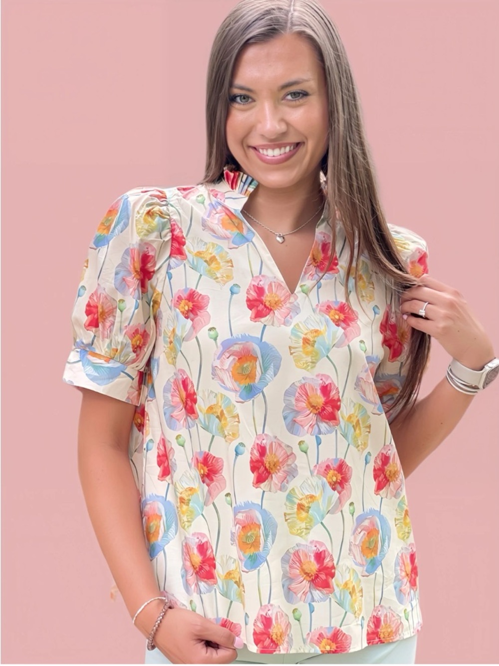 entro Floral Puff-Sleeve V-Neck Blouse in Cream with Pink & Blue Flowers